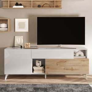 Milan High Gloss TV Stand Small With 2 Doors In White Cadiz Oak - UK