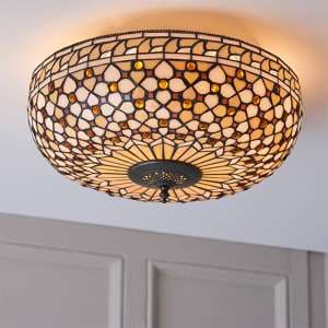 Mille Feux Tiffany Glass 2 Lights Flush Ceiling Light In Bronze - UK