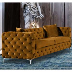 Mills Malta Plush Velour Fabric 3 Seater Sofa In Gold - UK