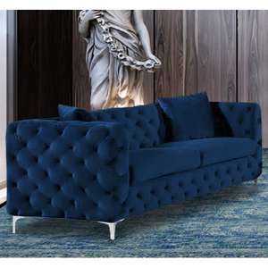Mills Malta Plush Velour Fabric 3 Seater Sofa In Navy - UK