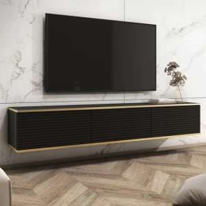 Minsk Floating Wooden TV Stand With 3 Doors In Black - UK