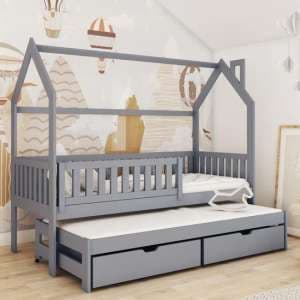 Minsk Trundle Wooden Single Bed In Grey With Bonnell Mattress - UK