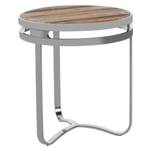 Mintaka Round Wooden Side Table With Silver Frame In Natural