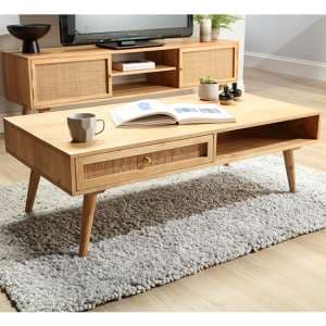 Mixco Wooden Coffee Table With Open Shelf And 1 Drawer In Natural - UK