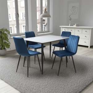 Modico 1.2m White Ceramic Dining Table 4 Leuven Blue Chairs - UK