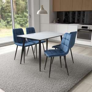 Modico 1.2m White Ceramic Dining Table With 4 Massa Blue Chairs - UK