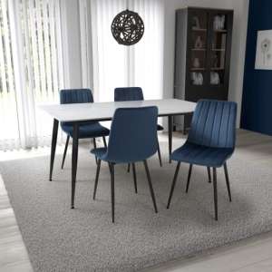 Modico 1.6m White Ceramic Dining Table 4 Leuven Blue Chairs - UK