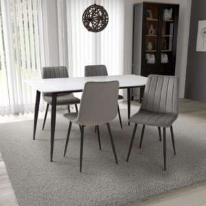 Modico 1.6m White Ceramic Dining Table 4 Leuven Grey Chairs - UK
