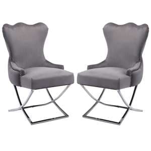 Moelfre Silver Grey Velvet Fabric Dining Chairs In Pair