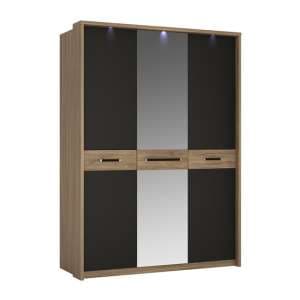 Moneti LED Mirrored 3 Doors Wardrobe In Oak And Matt Black - UK