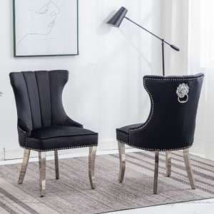 Monten Lion Knocker Black Velvet Dining Chairs In Pair