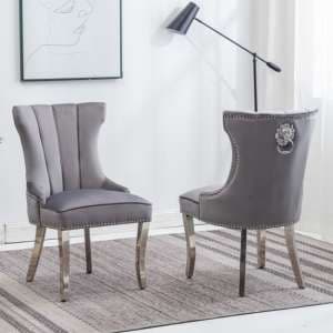 Monten Lion Knocker Dark Grey Velvet Dining Chairs In Pair