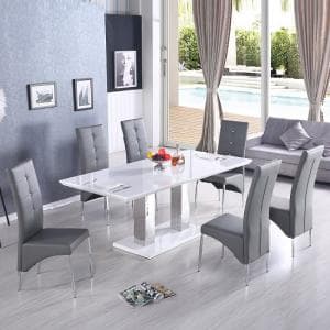 Monton Small Extending White Dining Table 6 Vesta Grey Chairs