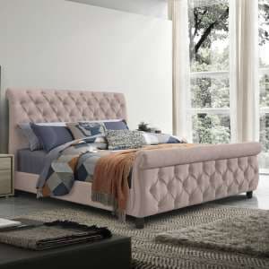 Morvey Velvet Fabric Double Bed In Blush Pink - UK