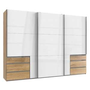 Moyd Wooden Sliding Wardrobe In White And Planked Oak 3 Doors