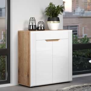 Murcia High Gloss Storage Cabinet Floor In White And Evoke Oak - UK