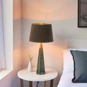 Naia Mocca Velvet Shade Table Lamp In Teal Ribbed Glass - UK