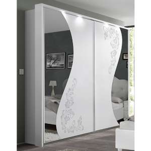Naihati Mirrored Wooden Sliding Wardrobe In White With LED
