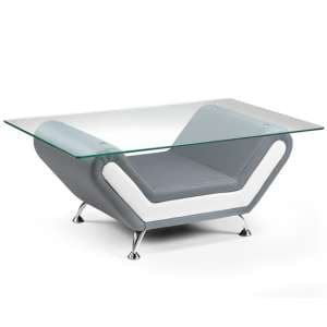 Naila Glass Coffee Table With White Grey Faux Leather Base