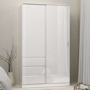 Nakou High Gloss Sliding Wardrobe 2 Doors 3 Drawers In White - UK