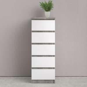 Nakou Narrow High Gloss Chest Of 5 Drawers In Concrete And White - UK