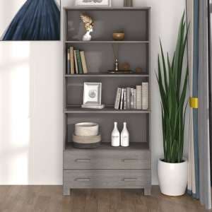 Nalren Solid Pinewood Bookcase With 2 Drawers In Light Grey - UK