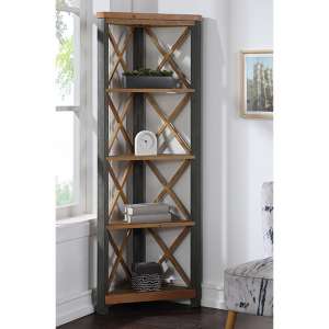 Nebura Large Corner Wooden Bookcase In Reclaimed Wood - UK