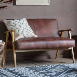 Neelan Leather 2 Seater Sofa With Wooden Frame In Vintage Brown