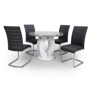 Naiva Round Marble Effect Dining Table With 4 Black Chairs
