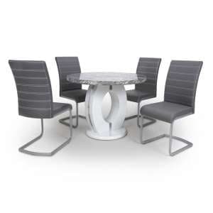 Naiva Round Marble Effect Dining Table With 4 Grey Chairs