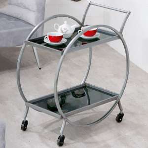 Newkirk Black Glass Serving Trolley Round With Grey Metal Frame