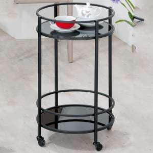 Newkirk Glass Serving Trolley Round With Metal Frame In Black