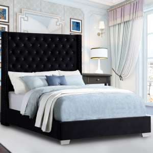 Newkirk Plush Velvet Upholstered Double Bed In Black - UK