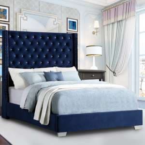 Newkirk Plush Velvet Upholstered Double Bed In Blue - UK