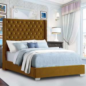 Newkirk Plush Velvet Upholstered King Size Bed In Mustard - UK