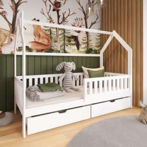 Niort Storage Wooden Single Bed In White With Foam Mattress - UK