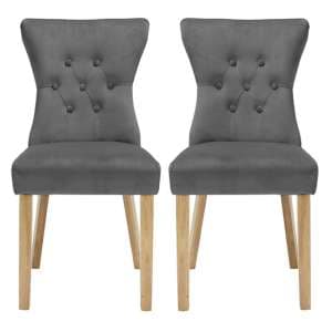 Nipas Steel Grey Velvet Dining Chairs With Wooden Legs In Pair