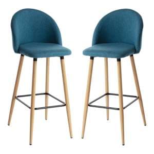 Nissan Blue Fabric Bar Stools With Wooden Legs In Pair - UK