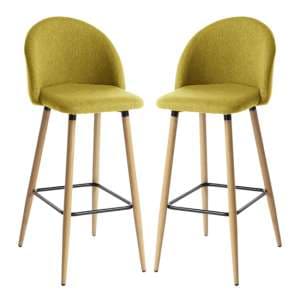 Nissan Mustard Fabric Bar Stools With Wooden Legs In Pair - UK