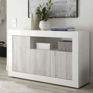 Nitro 3 Doors Wooden Sideboard In White Gloss And White Pine