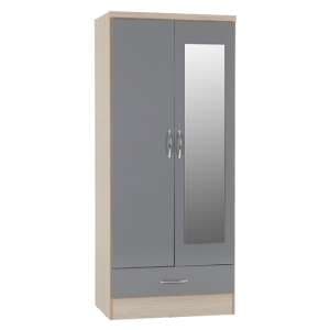 Noir 2 Doors 1 Drawer Mirrored Wardrobe In Grey Gloss And Oak