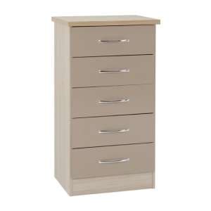 Noir 5 Drawers Narrow Chest Of Drawers In Oyster Gloss And Oak - UK