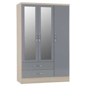 Noir 3 Doors 2 Drawers Mirrored Wardrobe In Grey Gloss And Oak