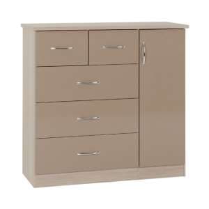 Noir 5 Drawers Sideboard In Oyster High Gloss And Light Oak