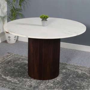 Ocala White Marble And Wood Round Dining Table In Dark Mahogany - UK