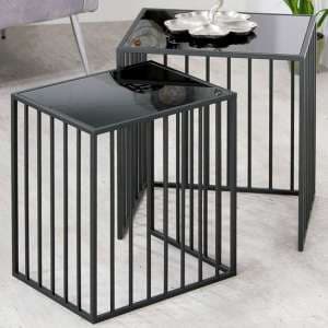 Ojai Black Glass Set Of 2 Side Table Straight With Metal Frame - UK