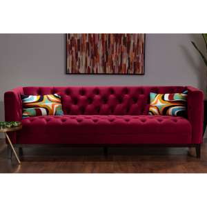 Okab Upholstered Velvet 3 Seater Sofa In Red