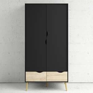 Oklo Wooden Wardrobe With 2 Doors 2 Drawers In Black And Oak - UK