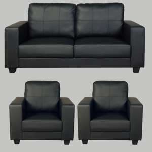 Okul Faux Leather 3 Seater Sofa And 2 Armchairs Suite In Black