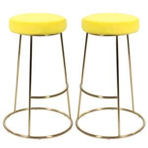 Operon Yellow Velvet Bar Stools With Gold Frame In Pair